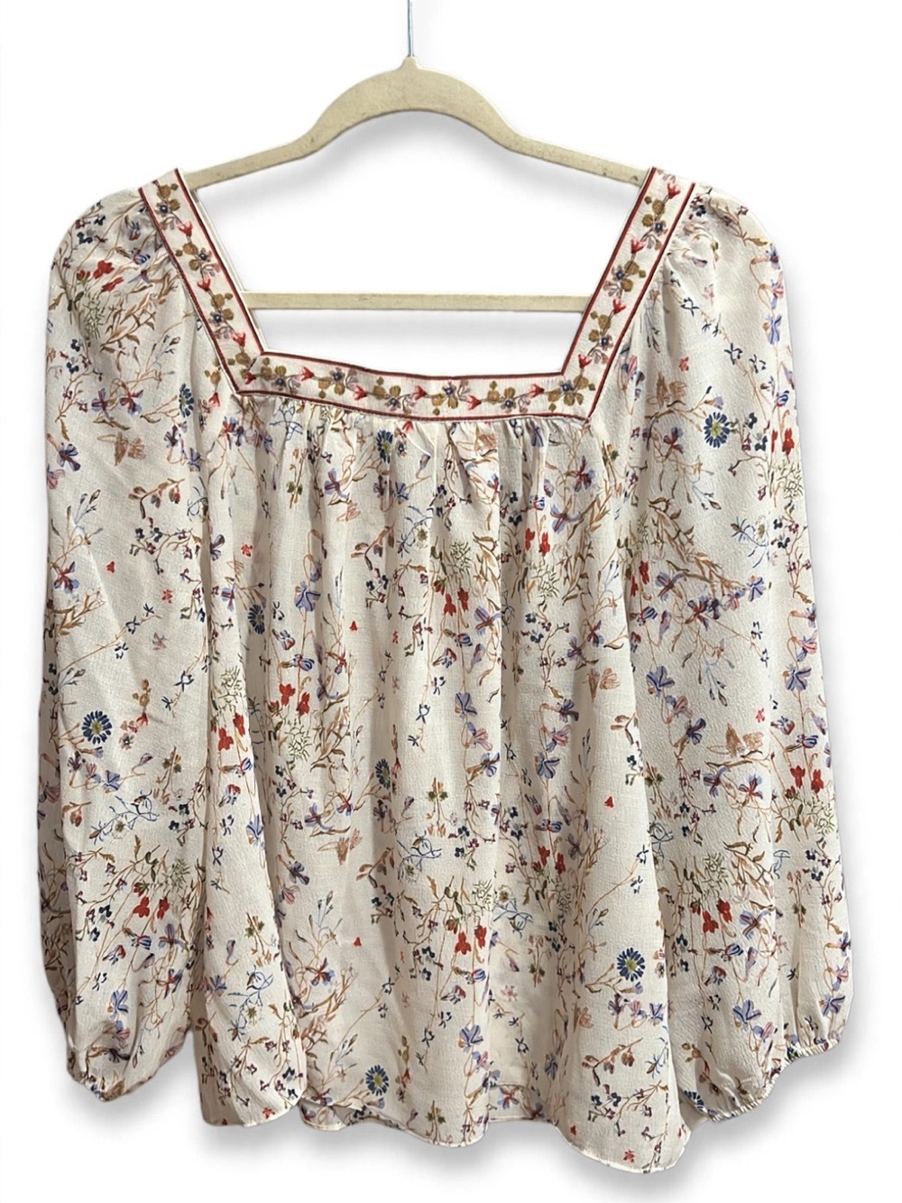 Max Studio Cream Floral Square-Neck Peasant Blouse with Red Trim Accents